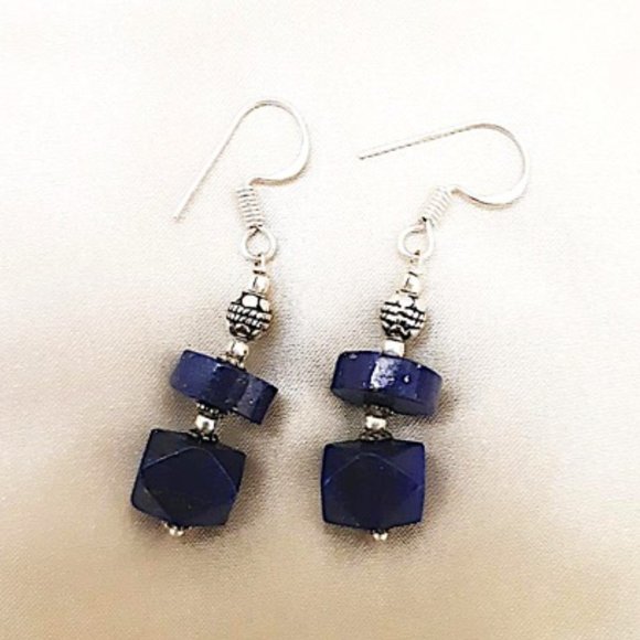 Genuine Blue Lapis Lazuli Dangled Earrings 925 Silver French Wire Pierced Ears - Picture 5 of 9